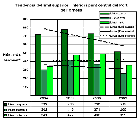 Evolució del número màxim de feixos/m² a diferents fondàries de la badia de Fornells