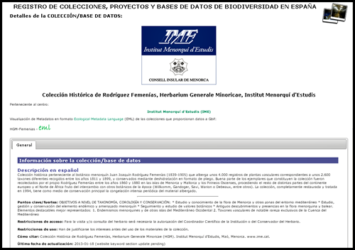 Part de la informació sobre la Col·lecció Històrica de Rodríguez Femenías en el Registro de Colecciones, Proyectos y Bases de Datos de Biodiversidad en España de GBIF