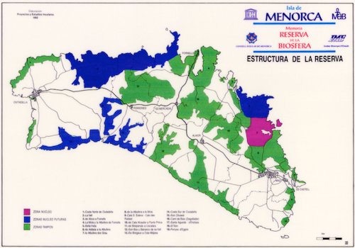 Mostra de la cartografia que acompanyava la memòria de presentació de candidatura de
Menorca com a reserva de biosfera (any 1992).